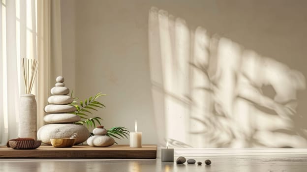 Balanced composition of spa and relaxation elements with unobtrusive copy area