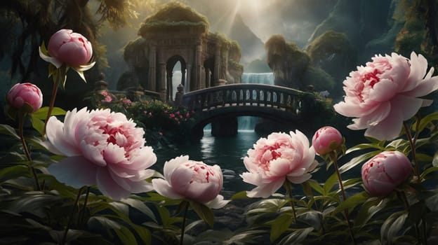 A magical forest scene with a stone archway and bridge over a waterfall. Pink peonies bloom in the foreground. AI-generated photo.