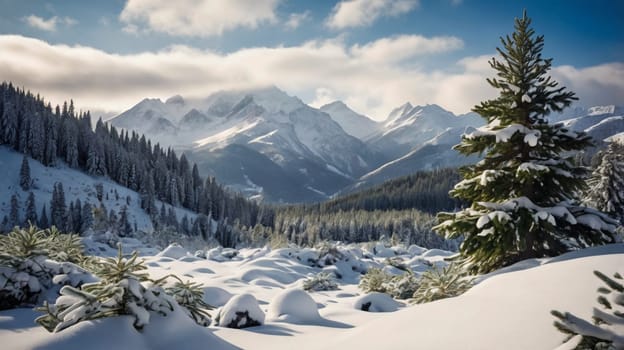 A winter scene with snow-covered trees and mountains. The sky is blue and clear. AI-generated photo.