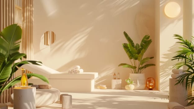 A white room with a tan wall and a tan couch. There are two potted plants in the room, one on the left and one on the right. The room has a relaxing and calming atmosphere