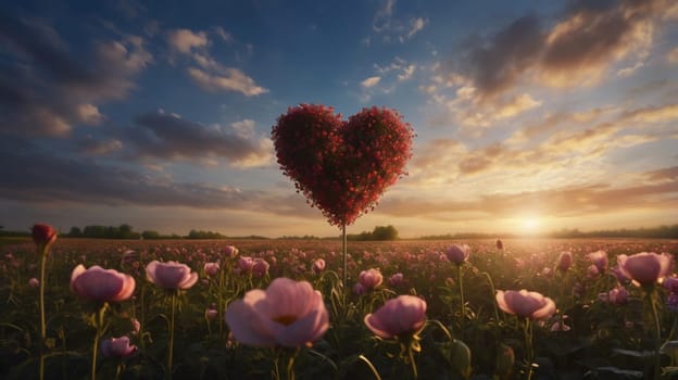 A field of pink flowers with a heart-shaped bush in the center. The scene is bathed in the golden light of the setting sun. AI-generated photo.