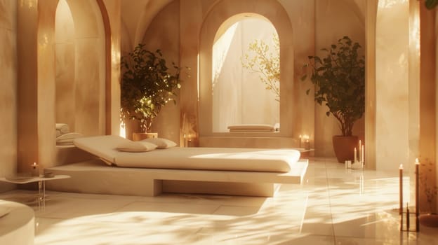 A white room with a bed and a few potted plants. The room is very clean and well-lit, giving it a calm and peaceful atmosphere