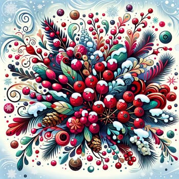A colorful illustration of a Christmas bouquet featuring snow-covered berries, pine branches, and festive decorations. AI-generated photo.