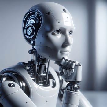 Close-up portrait of a humanoid robot with a thoughtful expression, its hand resting on its chin. The robot is rendered in a realistic style with visible mechanical parts. AI-generated photo.