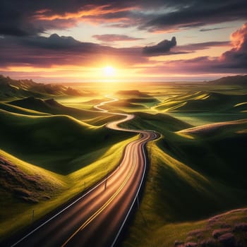 View of a winding road leading through rolling green hills, under a vibrant sunset sky. The road is surrounded by fields of wildflowers and a single, setting sun. AI-generated photo.