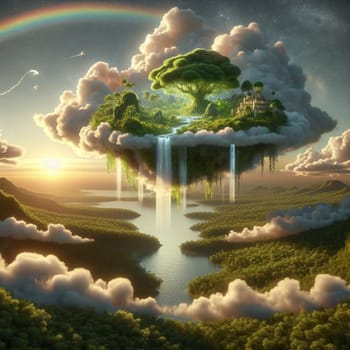 An aerial view of a floating island, complete with a large tree, a waterfall, and a small village, surrounded by clouds. The scene is lit by a golden sunrise and a rainbow. AI-generated photo.