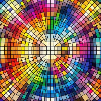 Geometric pattern of colorful squares arranged in a circle, creating a radial design. AI-generated photo.