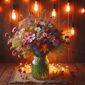 Still life image of a colorful bouquet of wildflowers in a glass vase, set against a rustic wooden background. The scene is illuminated by warm, glowing light bulbs. AI-generated photo.