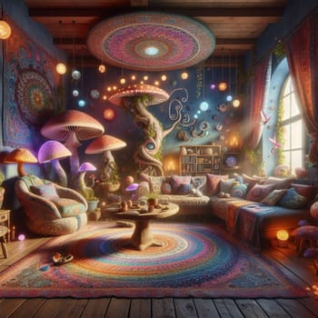 A cozy living room decorated in a bohemian style, with a tree growing out of the wall and glowing orbs hanging from the ceiling. AI-generated photo.
