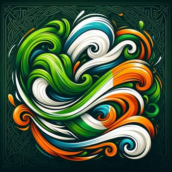 An abstract design of swirling, green, white, and orange patterns, resembling an Irish flag or Celtic knotwork. The design is vibrant and energetic, with a sense of movement. AI-generated photo.