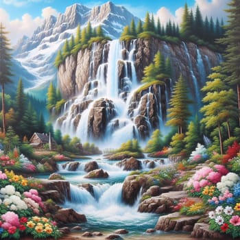 Oil painting of a waterfall cascading down a rocky cliffside, surrounded by lush greenery and wildflowers. A small wooden cabin is nestled at the base of the waterfall. AI-generated photo.