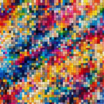 An abstract background of tiny colorful squares creating a mosaic-like pattern. The colors are bright and vibrant, and the squares are arranged in a random pattern. AI-generated photo.