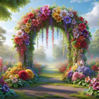 A floral archway made of colorful flowers, standing in a beautiful garden setting. The archway leads to a path that disappears into the distance, creating a sense of mystery. AI-generated photo.