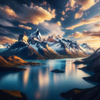 Panoramic view of a mountain range with snow-capped peaks, reflected in a calm, blue lake. The scene is bathed in golden light from the setting sun. AI-generated photo.
