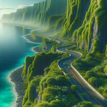 A winding road leads through a lush, tropical landscape with cascading waterfalls and a stunning ocean view. The scene is bathed in warm, golden light. AI-generated photo.