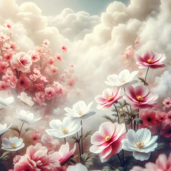A field of pink and white cosmos flowers with a soft, dreamy quality. The flowers are surrounded by clouds and bathed in soft light. AI-generated photo.