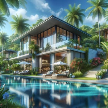 Modern villa with a swimming pool, set amidst lush tropical greenery and palm trees. The villa features large windows and a sleek, contemporary design. AI-generated photo.