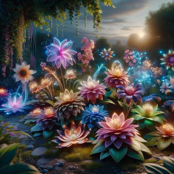 A magical forest scene with glowing flowers and a path leading through the trees. The flowers are colorful and luminous, creating a sense of enchantment and wonder. AI-generated photo.