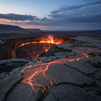 A panoramic view of a volcanic crater with molten lava flowing inside. The crater is set against a backdrop of a twilight sky. AI-generated photo.