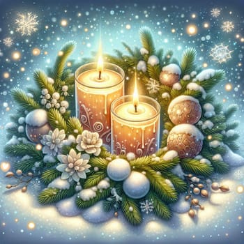 Two candles with flames, surrounded by a wreath of evergreen branches, snow, and decorative ornaments. The scene is bathed in a soft, warm glow. AI-generated photo.