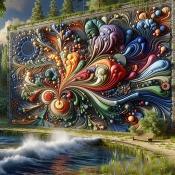 A surreal landscape with a large, colorful mosaic wall made of swirling shapes and textures. The wall stands beside a lake and a bench. AI-generated photo.