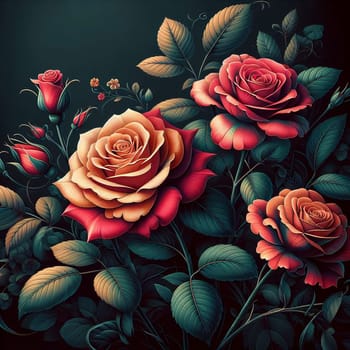 A close-up view of a bouquet of red and yellow roses with lush green leaves on a dark background. AI-generated photo.