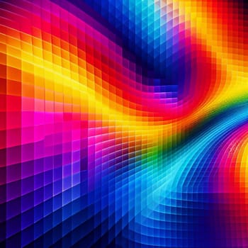 An abstract, geometric background made of colorful squares arranged in a wave-like pattern. AI-generated photo.