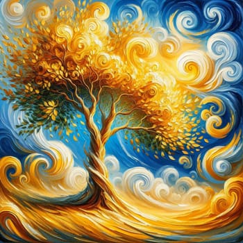 A stylized painting of a tree with swirling leaves, set against a background of swirling clouds and sky. The colors are vibrant and expressive. AI-generated photo.