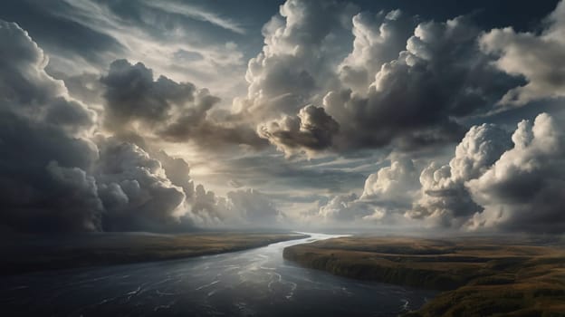 A wide shot of a river winding through a grassy valley, surrounded by dramatic storm clouds. The sun peeks through the clouds, illuminating the scene with golden light. AI-generated photo.