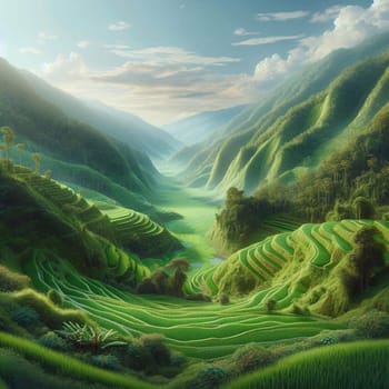 A scenic view of a valley with lush green rice terraces. The scene is bathed in sunlight, with a blue sky and fluffy clouds in the background. AI-generated photo.