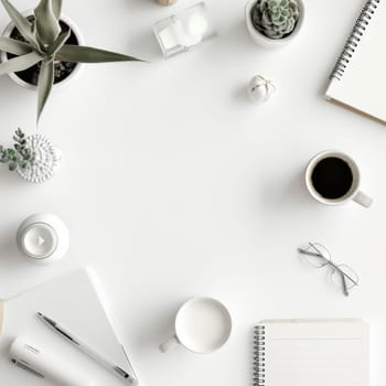 Clean and organized mockup arrangement with a pristine white backdrop.