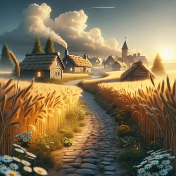 A quaint, fairytale village nestled in a field of golden wheat. The scene is bathed in the warm light of the setting sun. AI-generated photo.