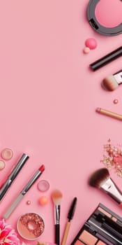 Copy space featuring trendy makeup products for beauty concept.
