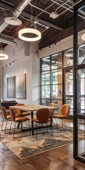 A room with a table and chairs, and a rug on the floor