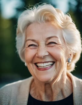 A cheerful elderly woman from Finland beams with joy outdoors. Her smile radiates warmth and happiness, surrounded by a lush green backdrop. Scandinavian face type. European pensioner. Generative AI.