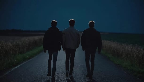 Three teenagers stroll along a deserted road under the night sky, holding hands and enjoying each other's company amidst the quietness of the evening. An eerie feeling. Night journey. Generative AI.