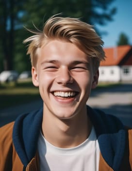 A young Caucasian boy with brown hair and white teeth smiles. He is standing outside, likely during the daytime. His face is illuminated by the warm glow of the sun, making his smile even more radiant