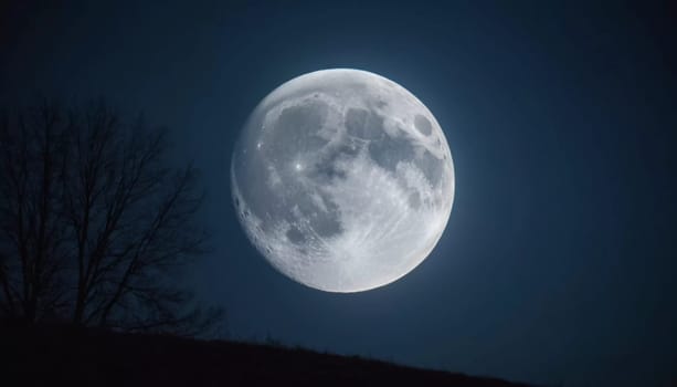 A full moon illuminates the night sky, casting a serene glow against the dark backdrop, creating a peaceful ambiance. The Moon is Earth's only natural satellite. Planetary-mass object. Generative AI.
