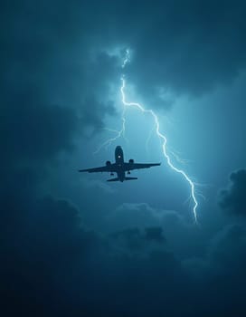 The aircraft encounters a severe thunderstorm, surrounded by dark clouds and illuminated by bright lightning strikes, highlighting the danger in the sky. Causes of air crashes. Generative AI.