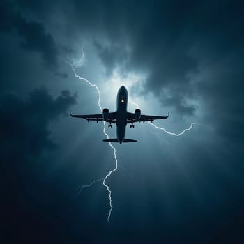 The aircraft encounters a severe thunderstorm, surrounded by dark clouds and illuminated by bright lightning strikes, highlighting the danger in the sky. Causes of air crashes. Generative AI.