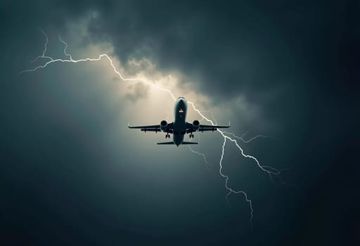 The aircraft encounters a severe thunderstorm, surrounded by dark clouds and illuminated by bright lightning strikes, highlighting the danger in the sky. Causes of air crashes. Generative AI.