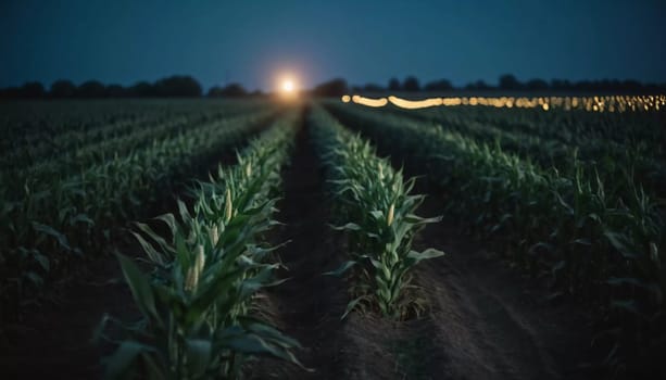 Maize agriculture theme. Corn field at night in rural area. Lighting by lantern. Path or furrow between corn plants. Maize Zea mays, corn is tall stout grass that produces cereal grain. Generative AI.