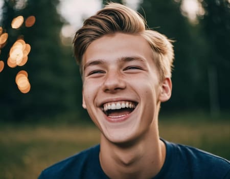 A young Caucasian boy with brown hair and white teeth smiles. He is standing outside, likely during the daytime. His face is illuminated by the warm glow of the sun, making his smile even more radiant