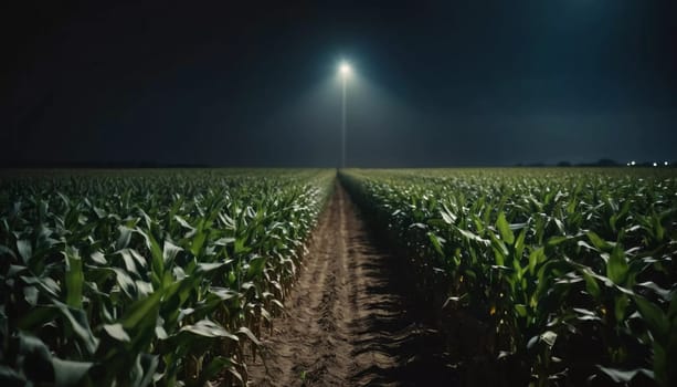 Maize agriculture theme. Corn field at night in rural area. Lighting by lantern. Path or furrow between corn plants. Maize Zea mays, corn is tall stout grass that produces cereal grain. Generative AI.