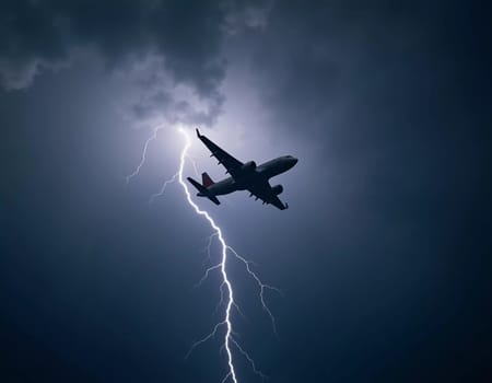 The aircraft encounters a severe thunderstorm, surrounded by dark clouds and illuminated by bright lightning strikes, highlighting the danger in the sky. Causes of air crashes. Generative AI.