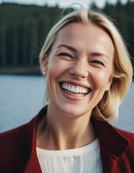 Portrait laughing Caucasian beautiful blond-haired middle-aged woman with straight flowing tousled hair and white teeth. Outdoors. Joy happiness. Positive emotion. European facial type. AI generated.