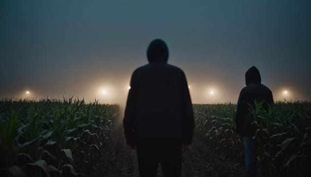A mysterious figure looms in a cornfield, surrounded by darkness and distant lights. The fog enhances the ominous feel of this twilight setting, offering an unsettling ambiance. Generative AI.