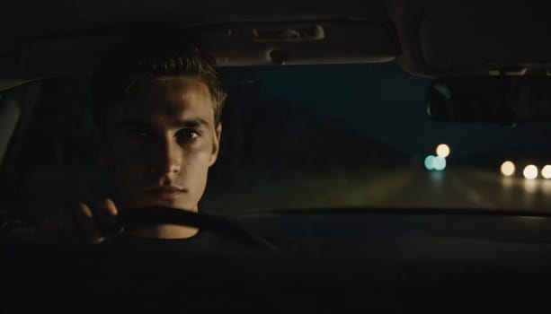 A young man drives a car along a dark field road at night. He glances back at the camera, illuminated by headlights from an approaching vehicle in the distance. Night car ride. Generative AI.