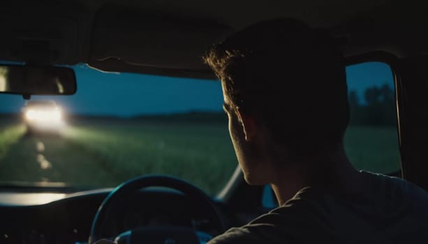 A young man drives a car along a dark field road at night. He glances back at the camera, illuminated by headlights from an approaching vehicle in the distance. Night car ride. Generative AI.