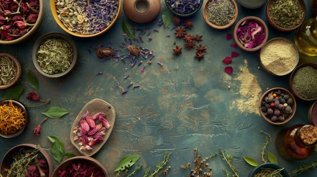 A table with many different herbs and spices. The table is covered with a variety of bowls and a few bottles. Beauty and wellness layout